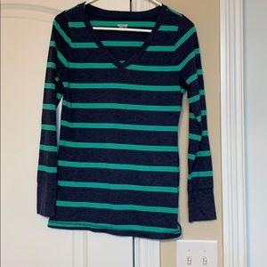 Long sleeve navy and green striped v-neck tee